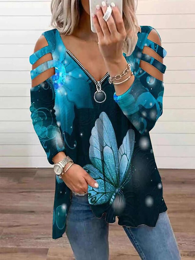  Women's Blouse Blue Purple Pink Cut Out Flowing tunic Butterfly Casual Weekend Long Sleeve V Neck Basic Long Butterfly Painting S / 3D Print / Print