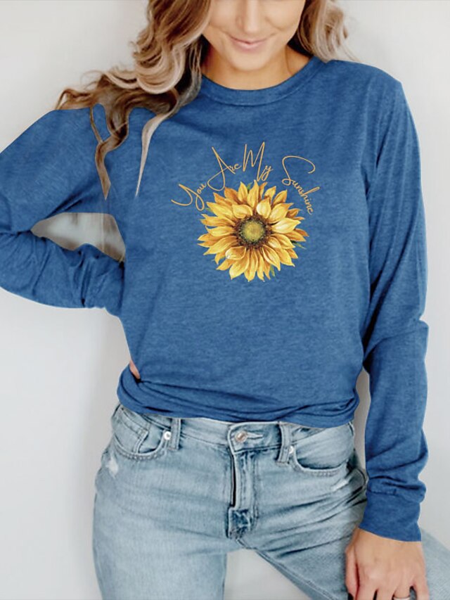  Women's T shirt Tee Green Blue Yellow Print Graphic Letter Casual Daily Long Sleeve Round Neck Basic Cotton Regular Floral S / Sunflower
