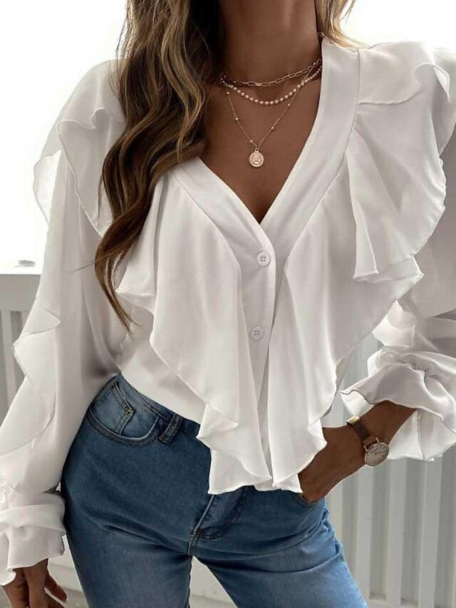 Per donna Camicia Blusa Nero Bianco Con balze Pulsante Liscio Giornaliero Fine settimana Manica lunga A V Streetwear Standard S