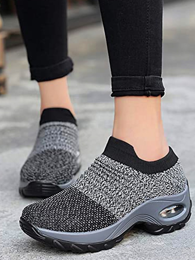  Women's Trainers Athletic Shoes Sneakers Plus Size Flyknit Shoes Outdoor Work Athletic Solid Colored Winter Wedge Heel Round Toe Sporty Casual Running Hiking Walking Knit Tissage Volant Loafer Black