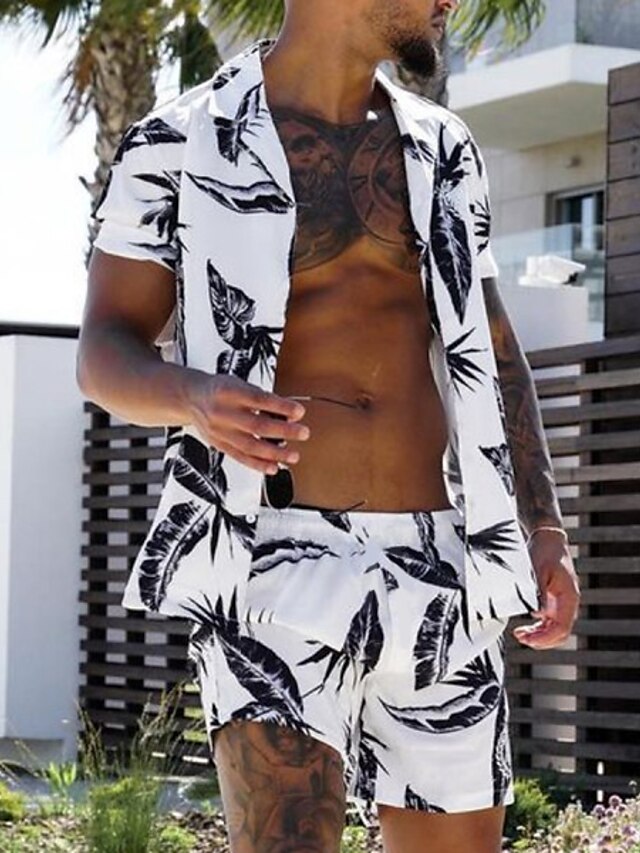  Homens Ternos de camisa Conjunto Folhas Impressão 3D Aberto para a Lateral Casual Diário Manga Curta Botão para baixo Blusas Casual Moda Havaiana Respirável Branco