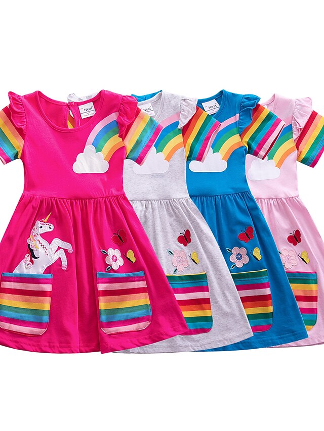  Girls' Embroidered Cartoon Rainbow Cotton Tee Dress