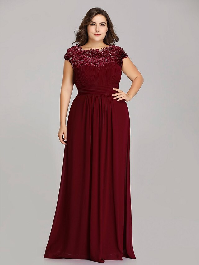  A-Line Mother of the Bride Dress Wedding Guest Plus Size Jewel Neck Floor Length Chiffon Short Sleeve with Lace Ruching Fall 2023