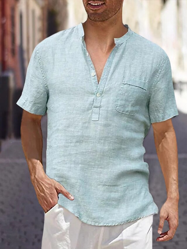  Per uomo camicia di lino Colletto alla coreana Tinta unica Blu chiaro Verde Nero Kaki Manica corta Strada Giornaliero Top Cotone Streetwear Informale Stile da spiaggia