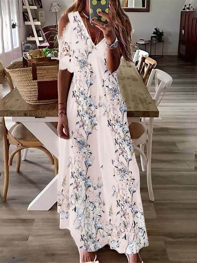 Women's Maxi long Dress Swing Dress Beige Short Sleeve Cold Shoulder Print Floral V Neck Spring Summer Stylish Casual Vacation 2022 Loose S M L XL XXL 3XL