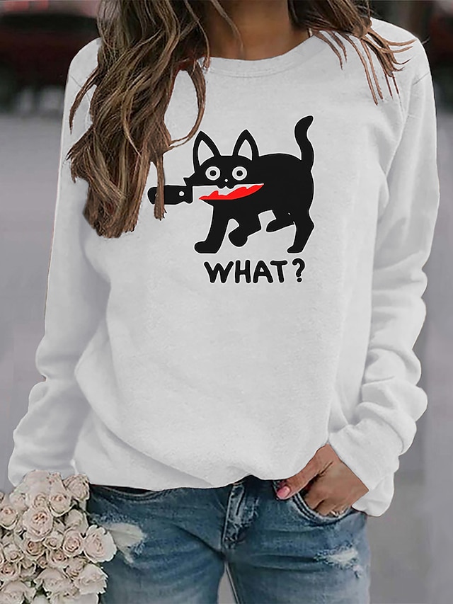  Damen Sweatshirt Pullover Zur Seite fahren Monogramme Bedruckt Aktiv Strassenmode Schwarz Weiß Rosa Katze Text Täglich Langarm Rundhalsausschnitt