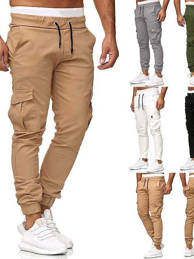  Men's Streetwear Elastic Waistband Drawstring Multi Pocket Jogger Chinos Sweatpants Full Length Pants Micro-elastic Cotton Solid Colored Mid Waist White Black Gray Army Green Khaki S M L XL XXL