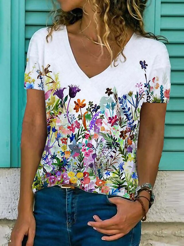  Women's T shirt Tee Black White Blue Print Graphic Floral Casual Daily Short Sleeve V Neck Basic Regular Floral Butterfly S