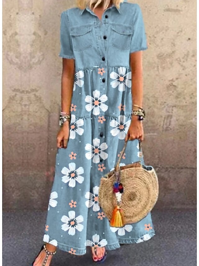  Women's Denim Shirt Dress Maxi long Dress Blue Short Sleeve Floral Pocket Button Print Spring Summer Shirt Collar Stylish Casual Holiday 2021 M L XL XXL 3XL