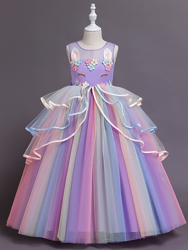  Kids Princess Unicorn Rainbow Party Dress