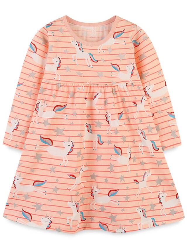  Kids Little Girls' Dress Unicorn Striped Daily A Line Dress Orange Asymmetrical Cotton Long Sleeve Beautiful Sweet Dresses Fall Winter Regular Fit 2-8 Years