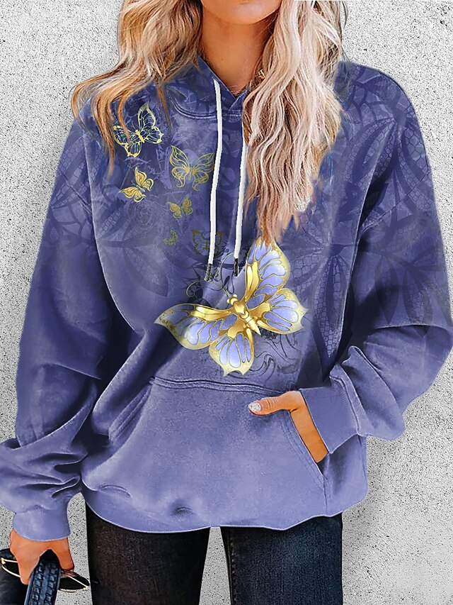  Women's Pullover Hoodie Sweatshirt Pullover Front Pocket Print Active Streetwear Purple Butterfly Daily Long Sleeve Hooded
