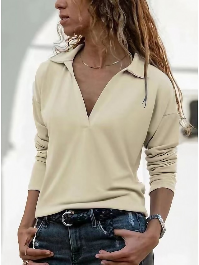  Damen T Shirt Grundlegend Täglich Modern Glatt V Ausschnitt Frühling & Herbst Standard Grün Blau Purpur Beige