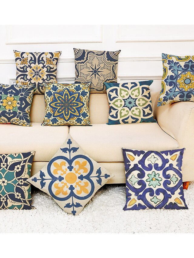  9 pièces en faux lin taie d'oreiller, motif géométrique impression simple décontracté carré traditionnel coussin extérieur classique pour canapé canapé-lit chaise