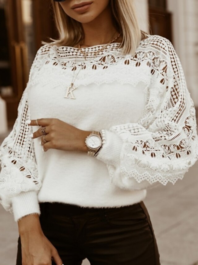 Women's Crochet Knit Pullover with Lace Trims