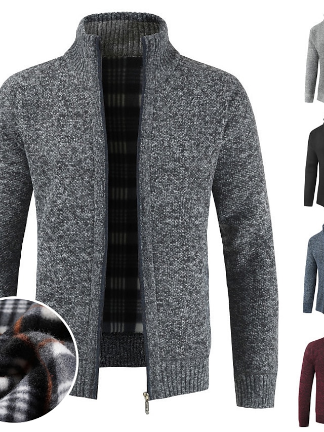  Men's Casual Winter Solid Black Burgundy Zip Cardigan Sweater