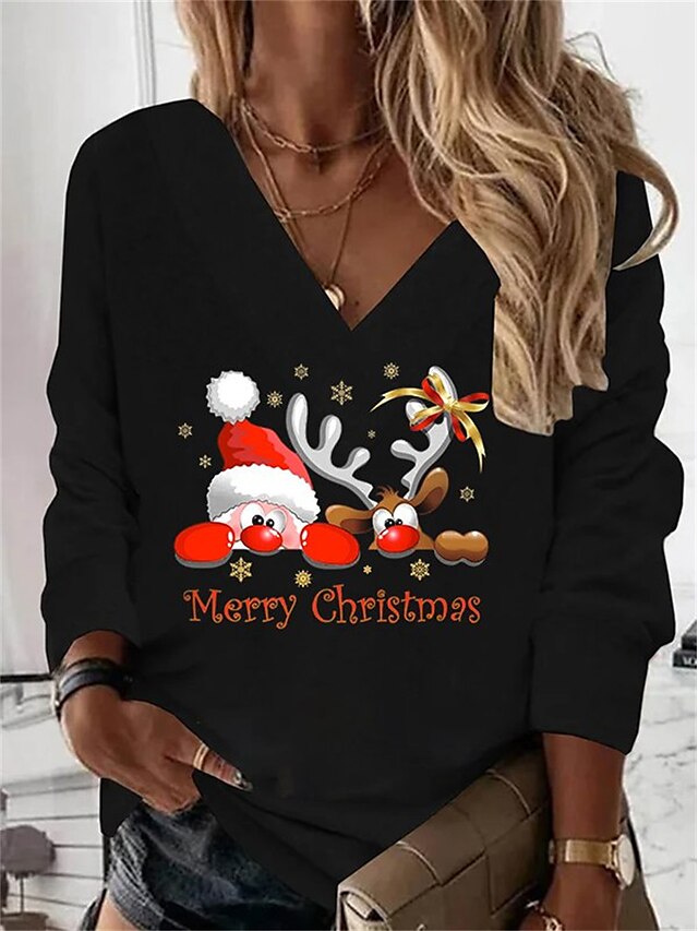  Per donna Camicia Camicia di Natale Gatto Cervo Nero Rosso Beige Stampa Manica lunga Natale Informale Essenziale Natale A V Standard