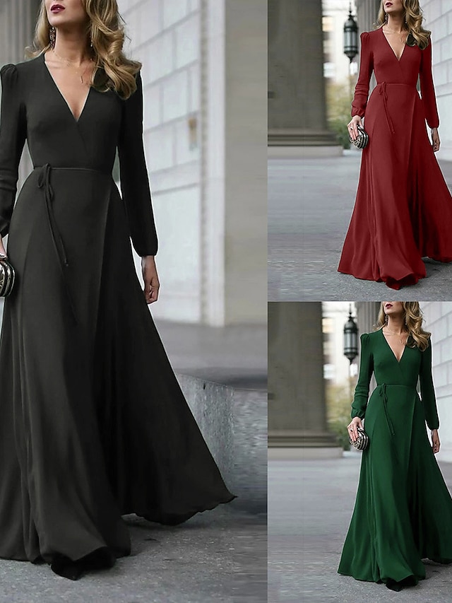  Women's Maxi long Dress Swing Dress Wine Black Green Long Sleeve Split Patchwork Solid Color V Neck Fall Winter Party Elegant Modern 2021 S M L XL