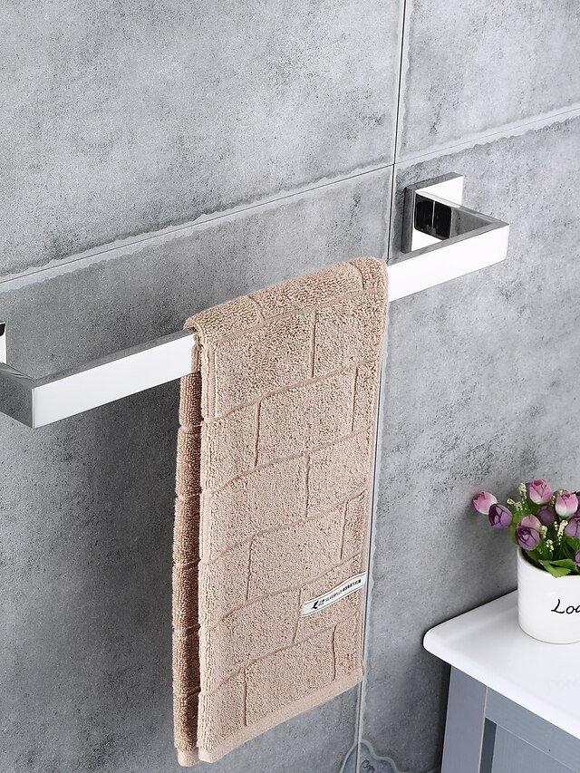  Bathroom Towel Bar Rectangle Metal Wall Mounted Bath Single Towel Hanger Polished Silvery 1pc