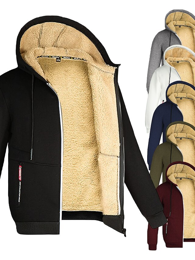  Men's Solid Color Sherpa Zip Hoodie Sweatshirt Jacket