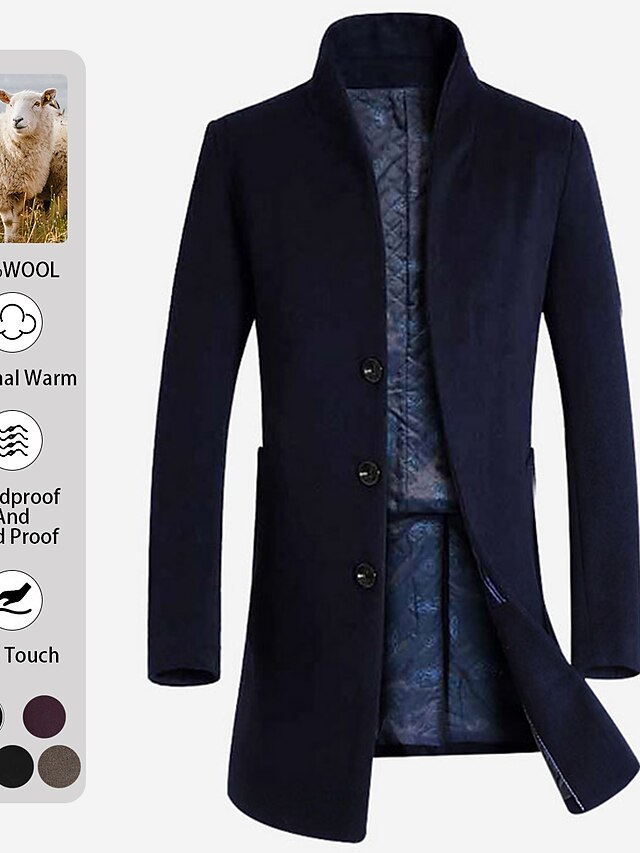  Men's Trench Coat Overcoat Winter Coat Business Casual Wool Fall Clothing Apparel Basic Solid Colored Single Breasted One-button Stand Collar / Daily / Long Sleeve / Long