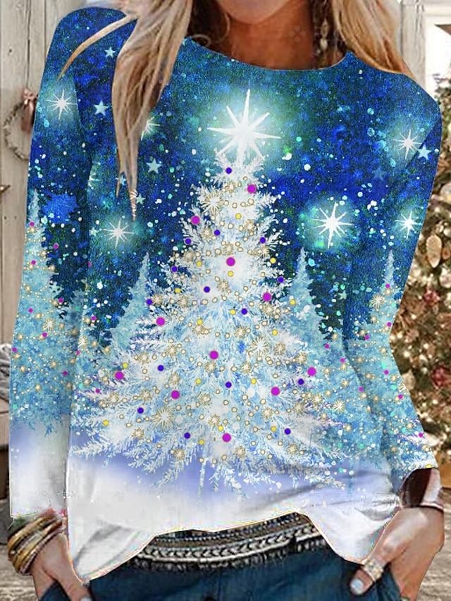  Dame Grafisk Snefnug Juletræ Weekend Blomster Tema Maleri Langærmet T-shirt Rund hals Trykt mønster Basale Toppe Regulær Blå S / 3D-udskrivning