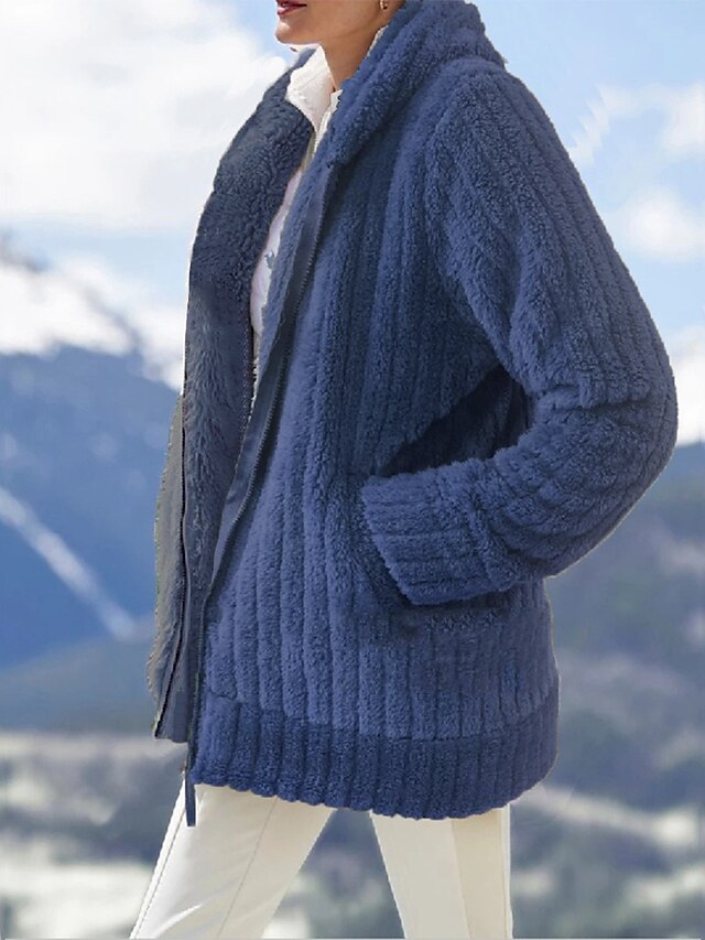  Damen Fleecejacke Reißverschluss Sherpa-Fleece Teddy Lavendel Lila Schwarz Marineblau Feste Farbe Strasse Langarm V Ausschnitt