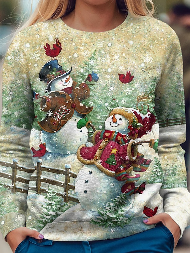  Mujer Sudadera Pull-over Sudadera navideña Graphic Muñeco de Nieve Copo Navidad Casual Azul vaquero Verde Hierba Blanco Ropa de calle Navidad Escote Redondo Manga Larga Top Microelástico Otoño