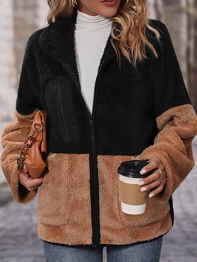 Women's Sherpa jacket Fleece Jacket Teddy Coat Outdoor Daily Wear Vacation Going out Warm Breathable Zipper Patchwork Pocket Active Comfortable Street Style Plush Turndown Regular Fit Color Block