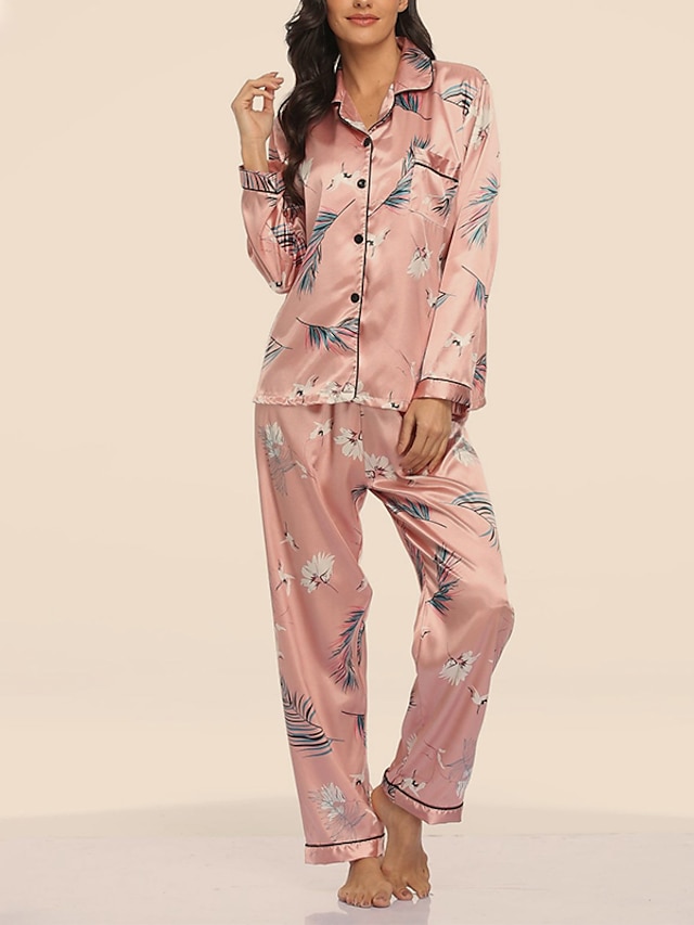  Women's 1 set Pajamas Sets Nighty Simple Hot Comfort Flower Satin Home Party Daily Lapel Gift Shirt Long Sleeve Elastic Waist Print Pant Fall Spring 6003 6020 / Buckle / Club