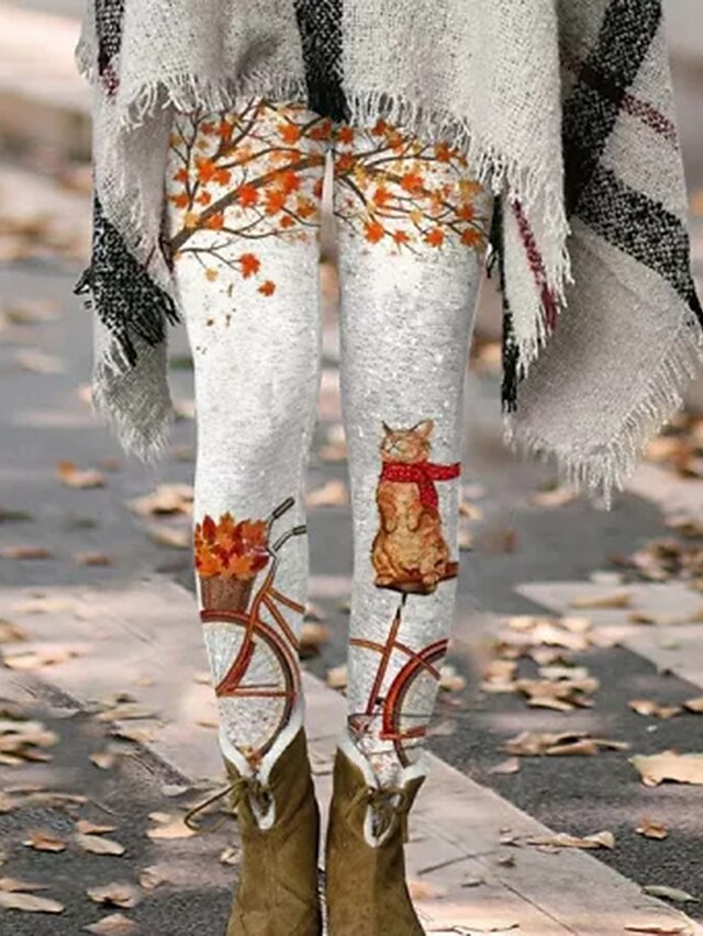  Femme Collants Legging Chat Imprimer Toute la longueur Elastique Mode Casual Gris foncé Blanc Mat S M