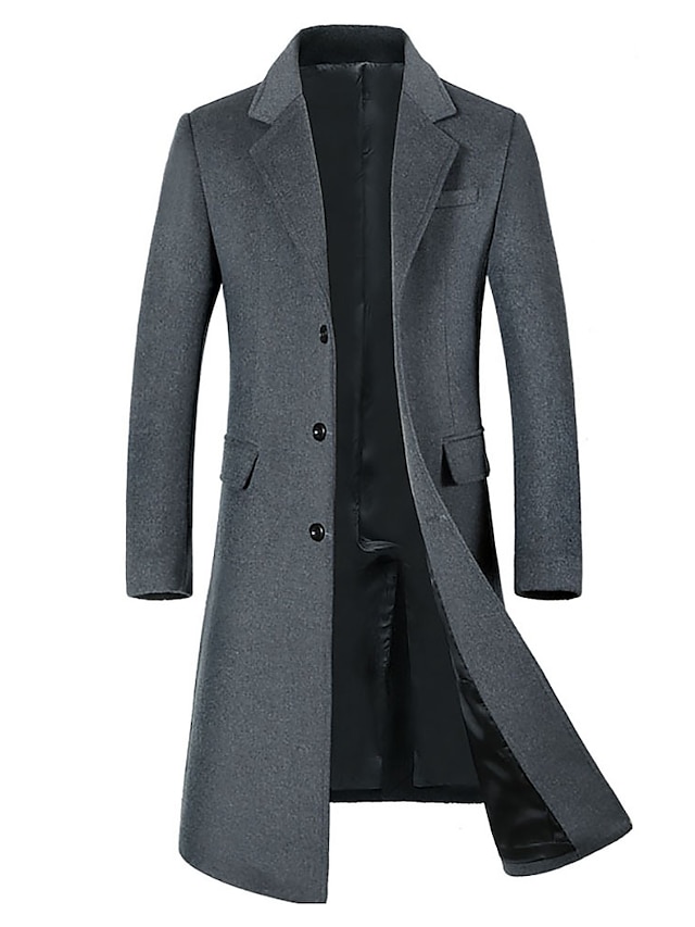  Men's Trench Coat Fall Winter Daily Long Coat Notch lapel collar Regular Fit Jacket Long Sleeve Black Gray / Lined