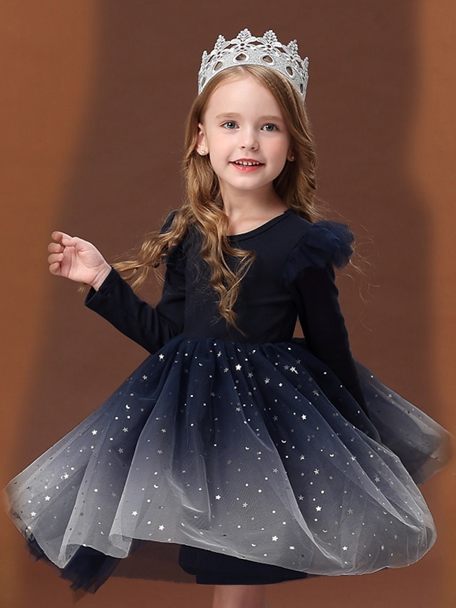  Kids Little Dress Girls' Sequin Party Birthday Daily Tulle Dress Navy Blue Knee-length Tulle Long Sleeve Princess Sweet Dresses 4-13 Years