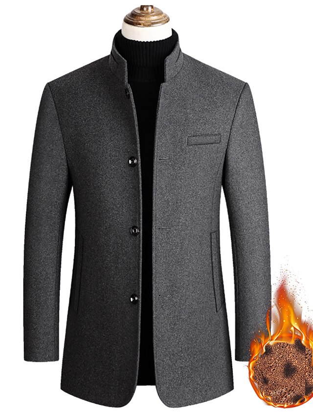  Men's Trench Coat Overcoat Long Asian Size Coat Black Gray Wine Navy Blue Daily Basic Essential Fall & Winter Stand Collar Regular Fit XS S M L XL / Long Sleeve