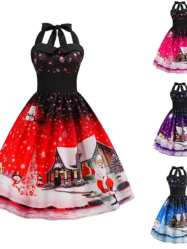 Women's Red Christmas Party Dress Blue Purple Blushing Pink Red Sleeveless Print Lace up Print Fall Summer Halter Neck Vintage Party Slim