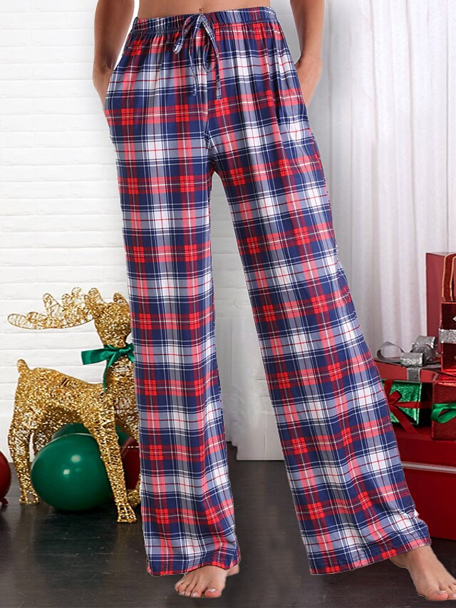  Mulheres Pijamas Partes de baixo Pjs Grade / xadrez Moda Conforto Doce Festa Casa Natal Algodão Calça comprida Calça Verão Primavera Rosa Claro Preto