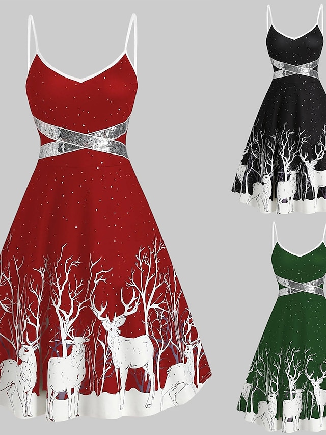  kvinners julereimkjole svart paljettkjole knelang kjole grønn svart rød ermeløs dyrepaljetter patchwork print vårsommer v-hals varm fest