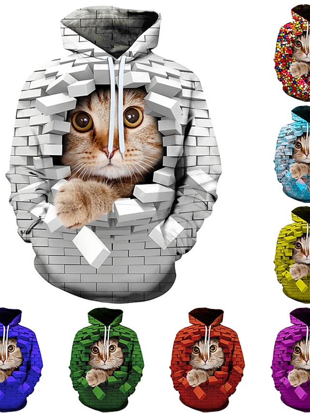  Cat's Meow Herren-Kapuzenpullover mit Grafik, leicht, weiß, gelb, rot, blau, lila, mit Kapuze, hässliche Tiere, Urlaub, Wochenende, Streetwear, 3D, lässig, Baumwolle