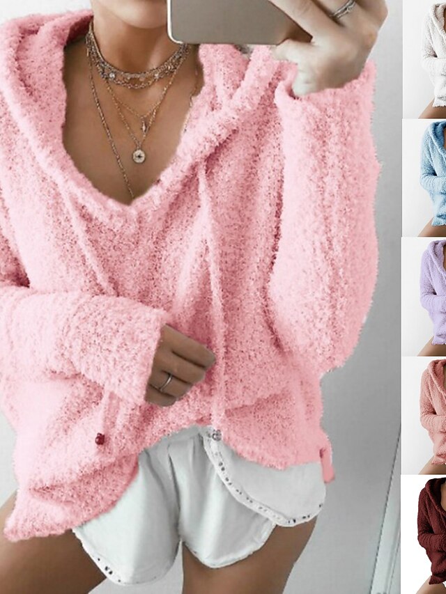  Women's Hoodie Sweatshirt Pullover Basic Sherpa Fleece Teddy Black Pink Wine Solid Color Plain Casual Loose Fit Long Sleeve Hoodie Fleece