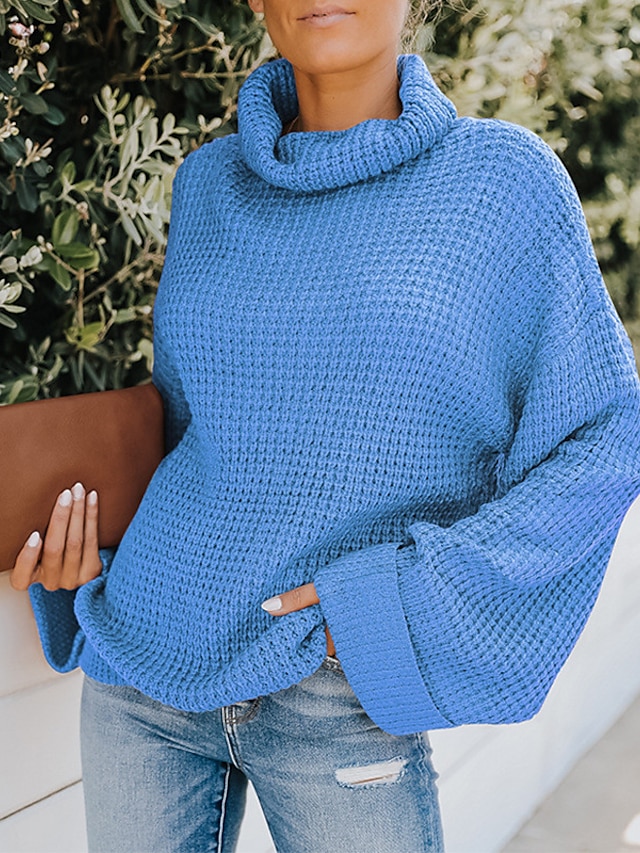  Women's Pullover Sweater Jumper Ribbed Knit Knitted Turtleneck Pure Color Outdoor Daily Stylish Casual Winter Fall Green Blue S M L