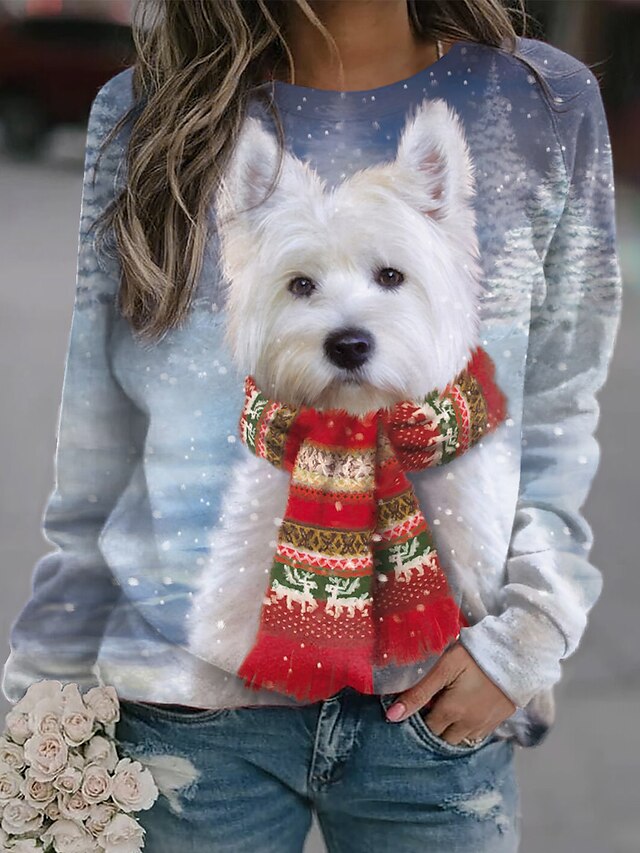  Damen Sweatshirt Pullover Zur Seite fahren Weihnachts -Sweatshirt Basic Weihnachten Grau Hund Strasse Casual Rundhalsausschnitt Langarm Oberteil Mikro-elastisch Herbst Winter