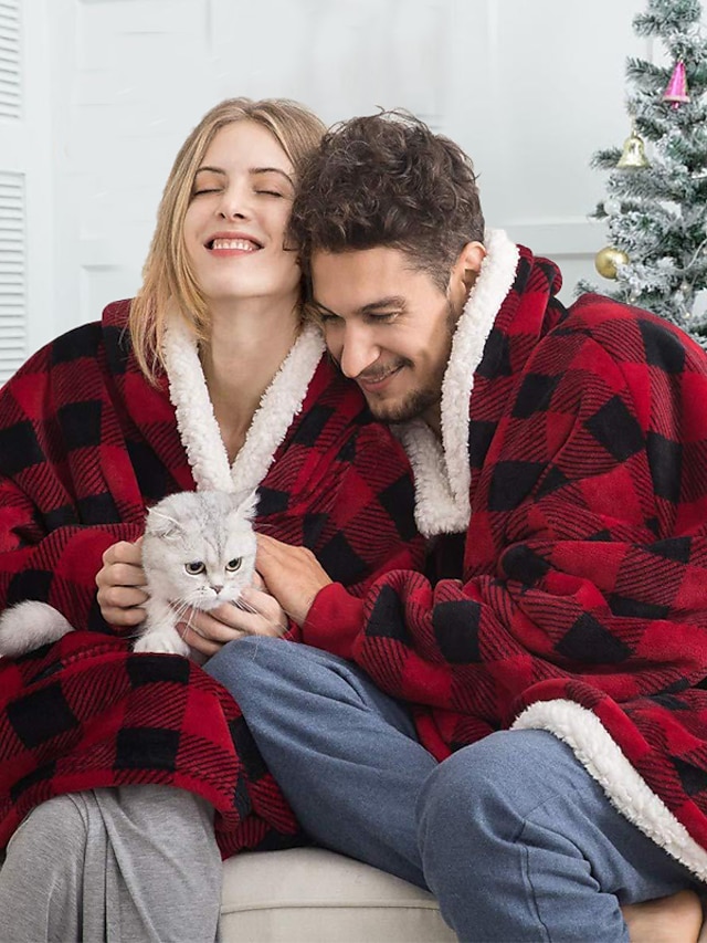  Women's Christmas Couple‘s Pajamas Nightgown Hoodie Blanket Wearable Blanket Grid / Plaid Pure Color Plush Simple Comfort Xmas Home Party Fleece Warm Gift Patchwork Pocket Fall Winter Black Gray