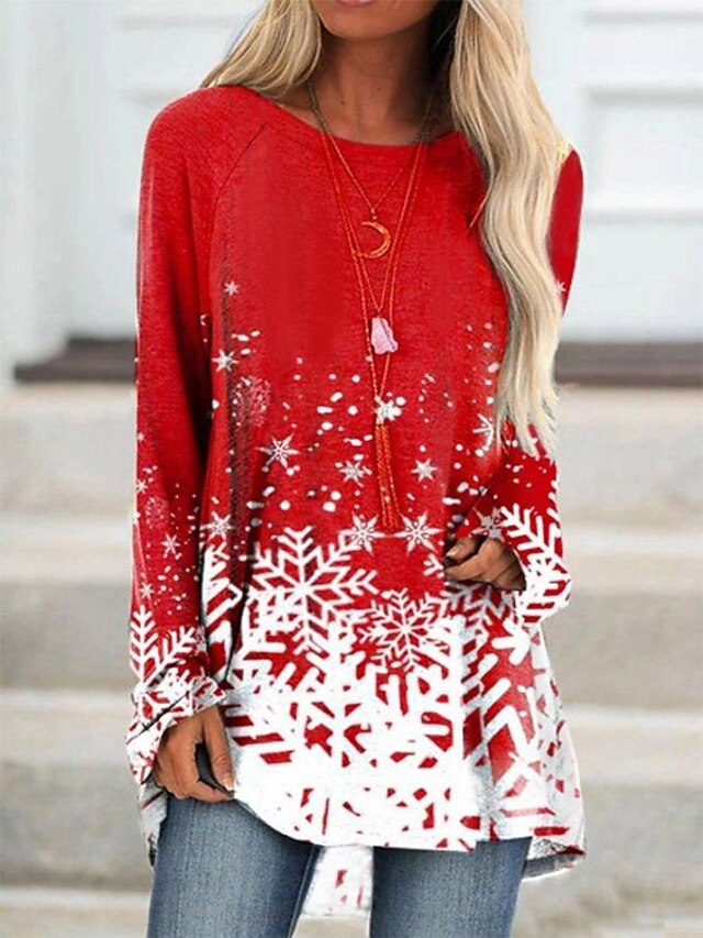  Damen T Shirt Tunika Grün Schwarz Rote Bedruckt Graphic Schneeflocke Weihnachten Täglich Langarm Rundhalsausschnitt Basic Weihnachten Lang S