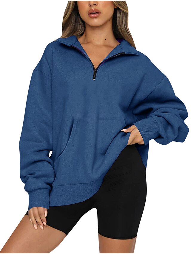  Women's Solid Color Sweatshirt Pullover Oversized Quarter Zip Hot Stamping Casual Daily Casual Streetwear Hoodies Sweatshirts  Navy Blue