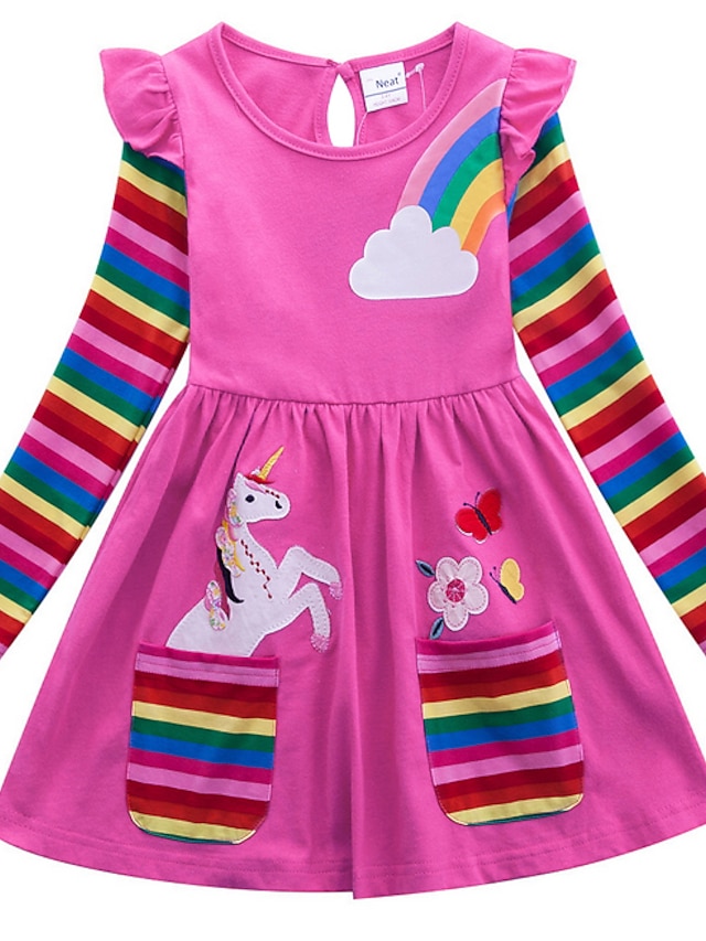  Kinder Wenig Kleid Mädchen Regenbogen Blume Einhorn T Shirt Kleid Zeichentrickfilm Mit Taschen Bedruckt Blau Gelb Fuchsie Übers Knie Baumwolle Langarm Aktiv Alltag Kleider Regular Fit 2-8 Jahre