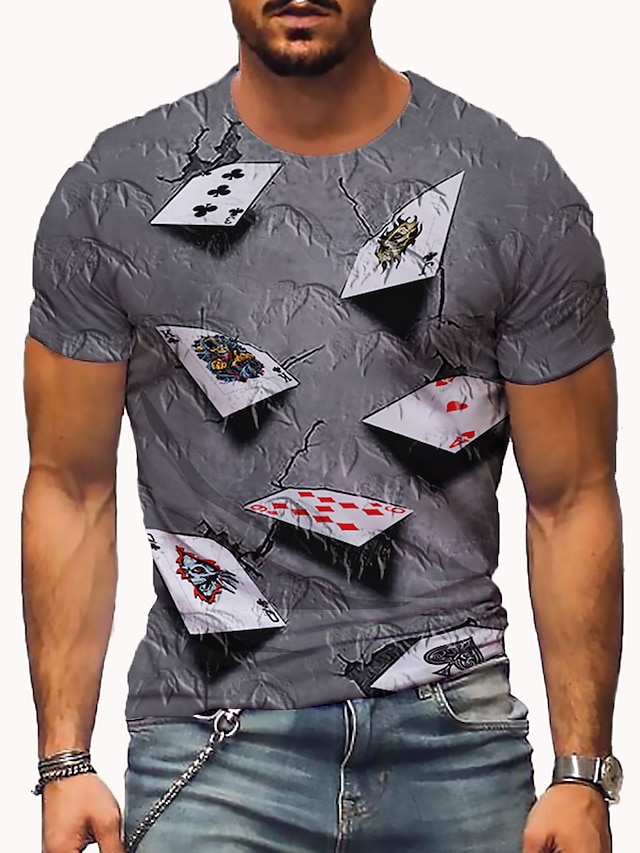  Herre T skjorte Rund hals 3D Poker Grå Lilla Gul Blå 3D-utskrift Kortermet Store størrelser Trykt mønster Fest Daglig Topper Årgang Designer Fritid