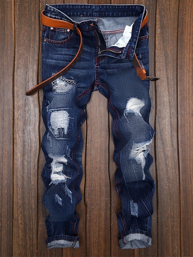  Men's Vintage Streetwear Pocket Patchwork Jeans Chinos Full Length Pants Micro-elastic Casual Daily Denim Cotton Gradient Mid Waist Slim Deep Blue 28 29 30 31 32
