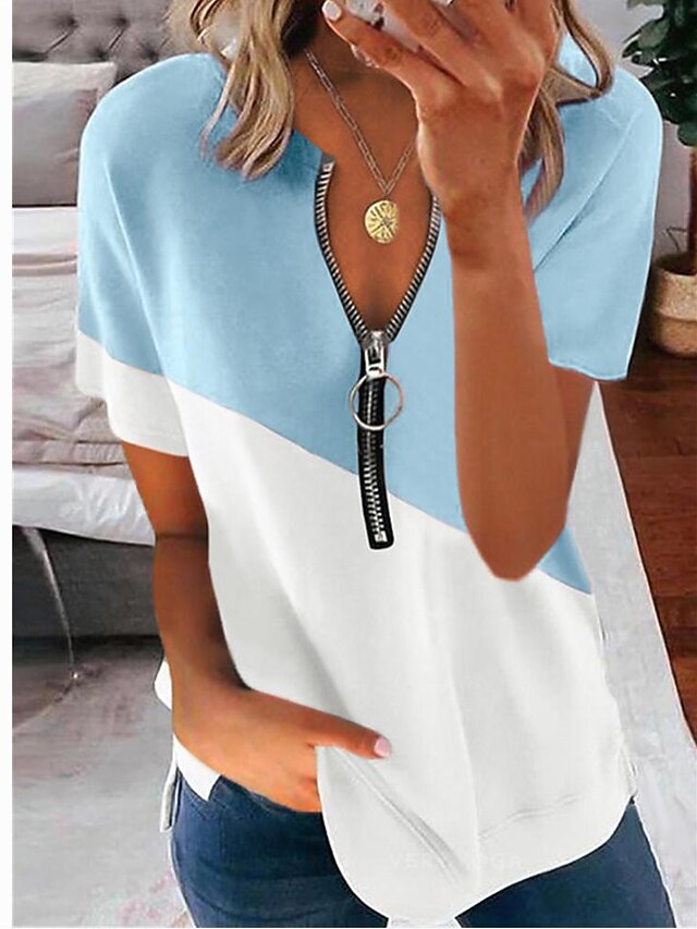  Women's V-neck Short-sleeved Contrast Printed Top