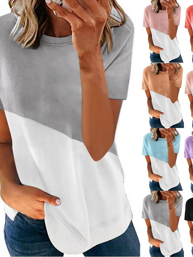  Women's T shirt Tee Patchwork Basic Round Neck Summer Short Sleeve Purple White Black Blue