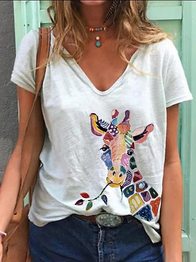  Femme T shirt Tee Animal Blanche Rose Claire Bleu Imprimer Manche Courte du quotidien basique Col V Ample Eté